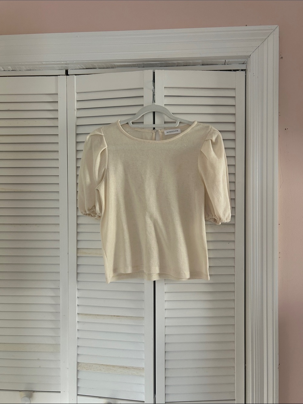 Slim Puff-Sleeve Knit Top in Cream by Honeycloth